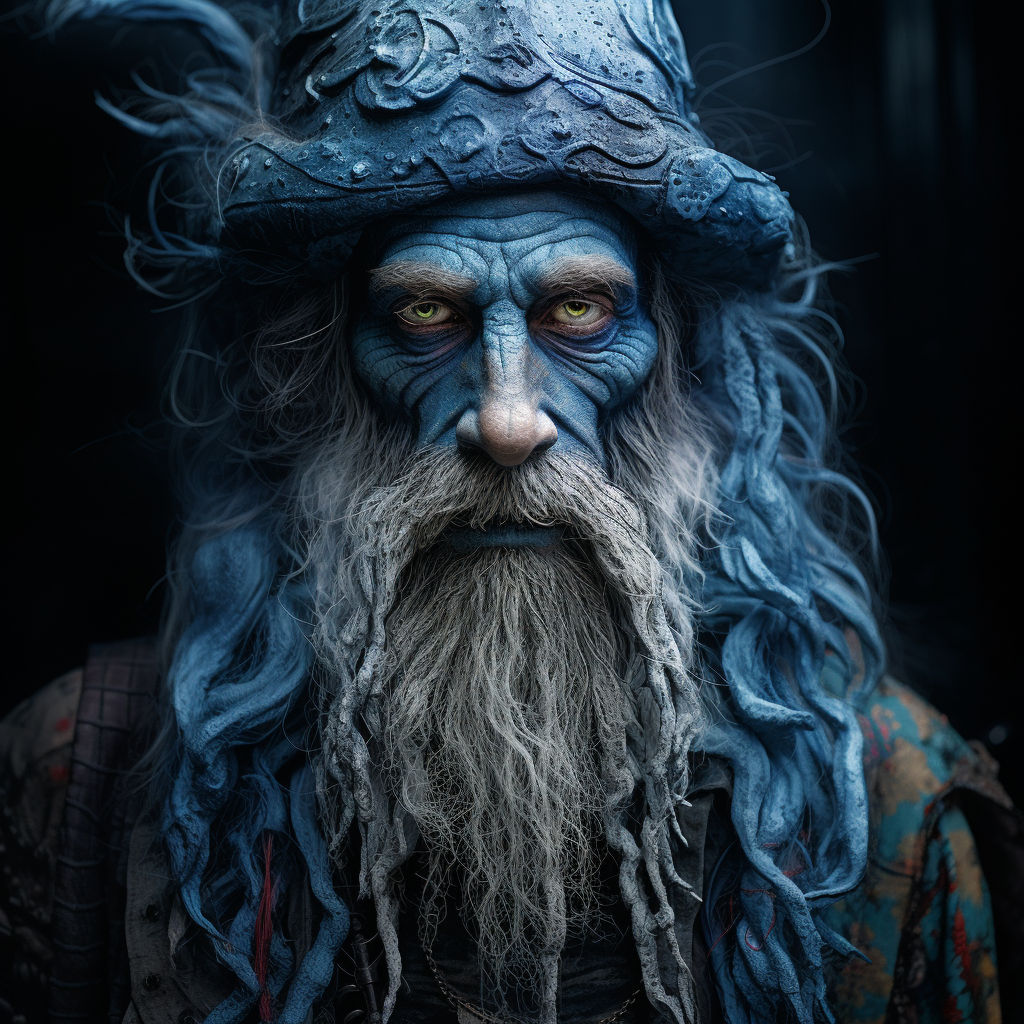 Blue-skinned gnome with black beard and spell book