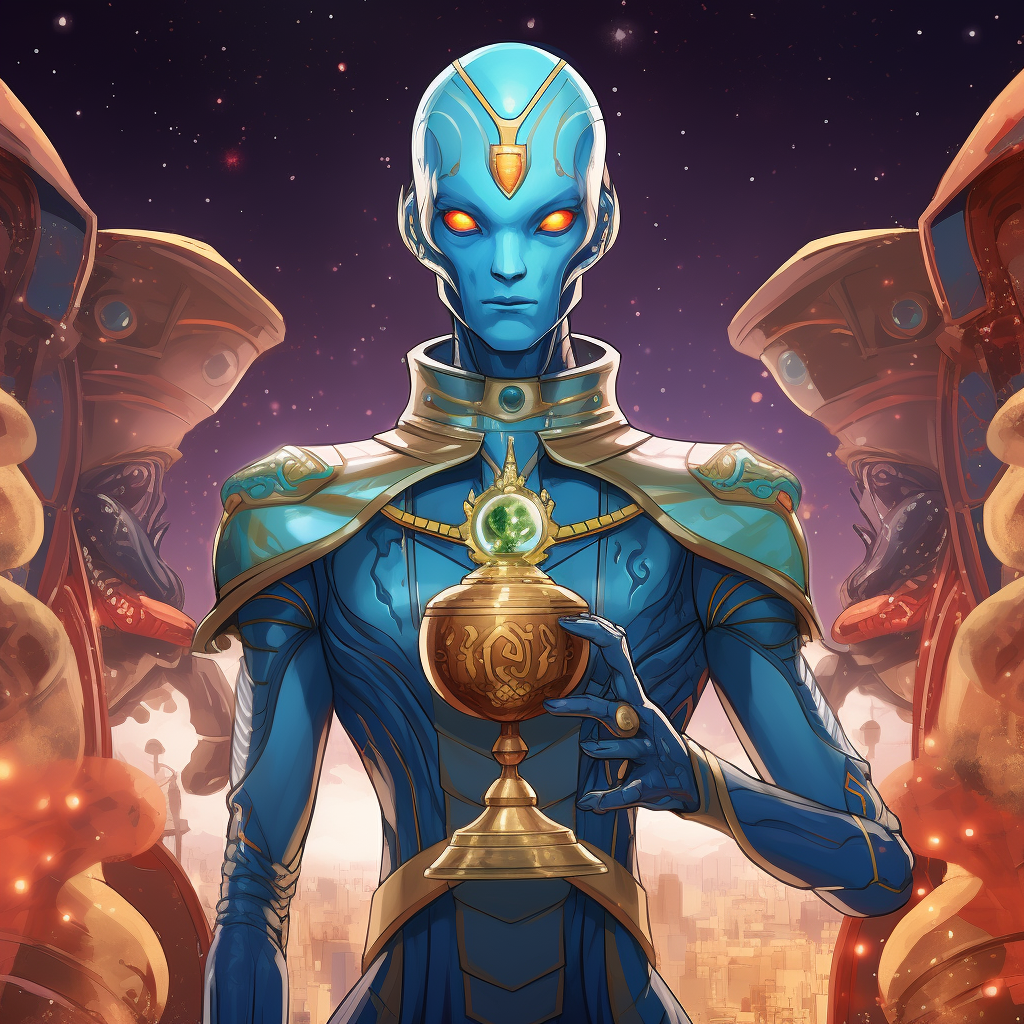 Blue-skinned humanoid alien victorious in anime style.