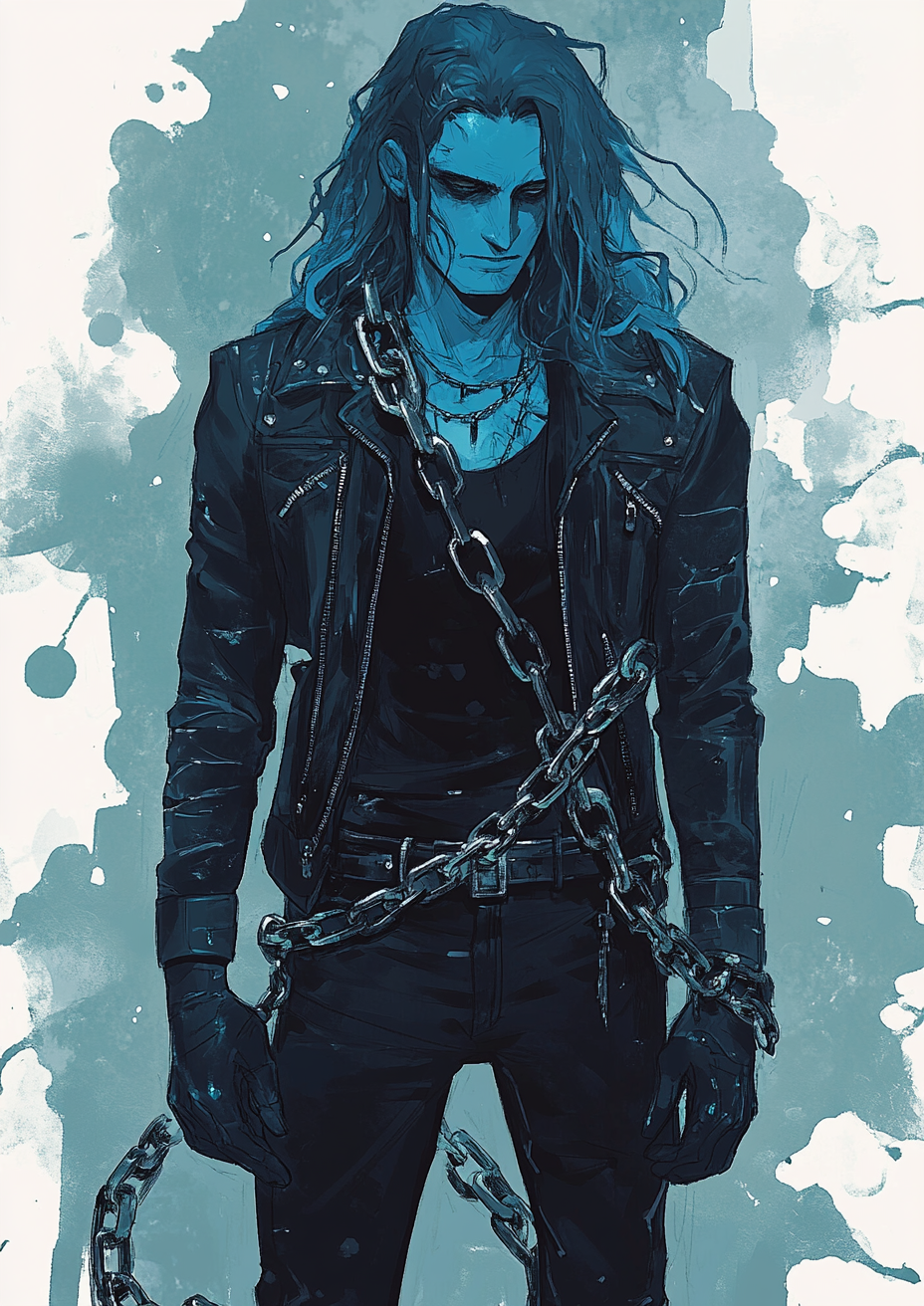 Blue-skinned man in leather jacket sketch