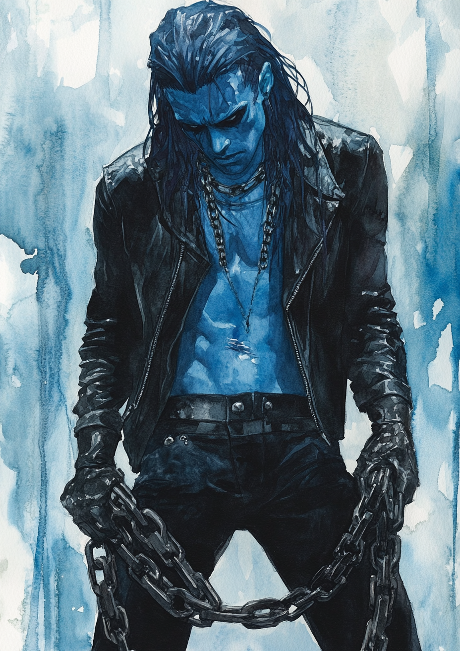 Blue-skinned man in leather jacket