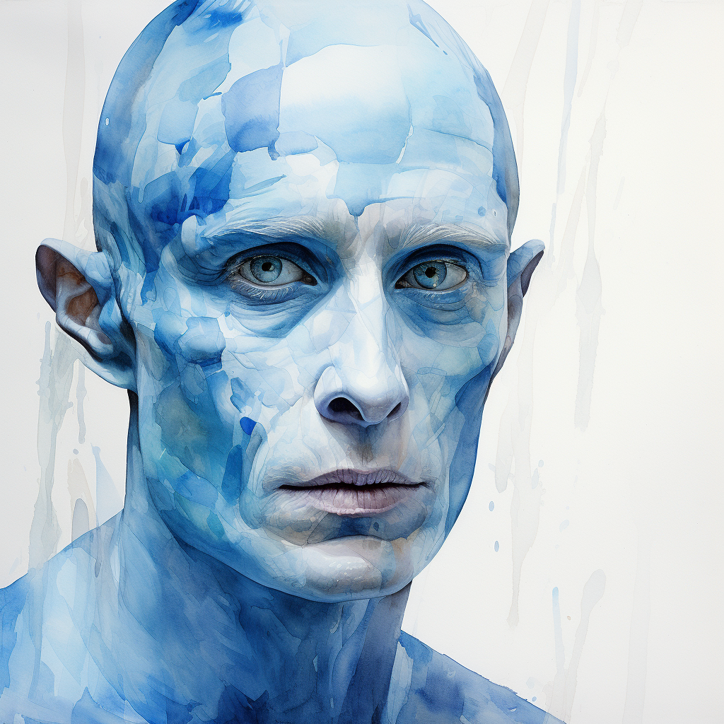 Vibrant watercolor of blue-skinned man