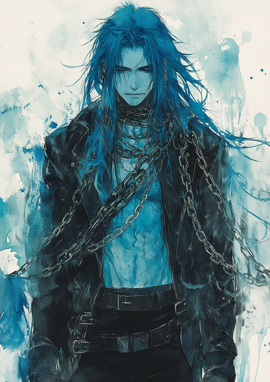 Blue-Skinned Man Chains Watercolor