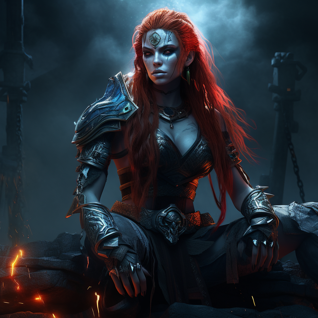 Blue-skinned orc warrior girl on obsidian throne with lightning