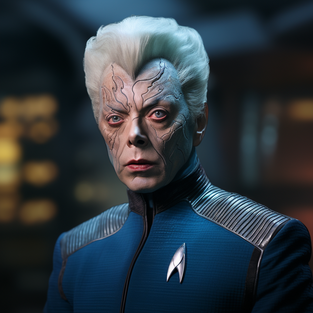 Blue-skinned Star Trek Tim Curry in Red Uniform