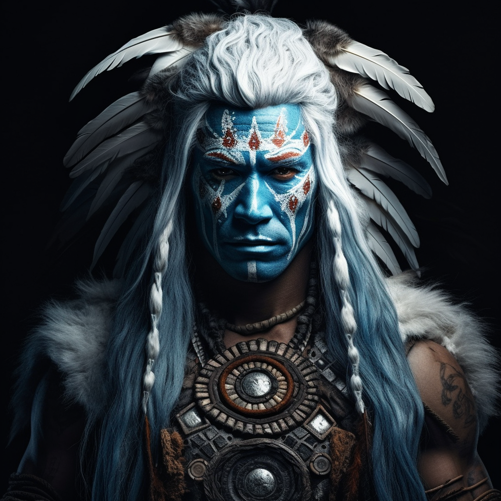 Blue-skinned warrior in Indian clothes with white hair