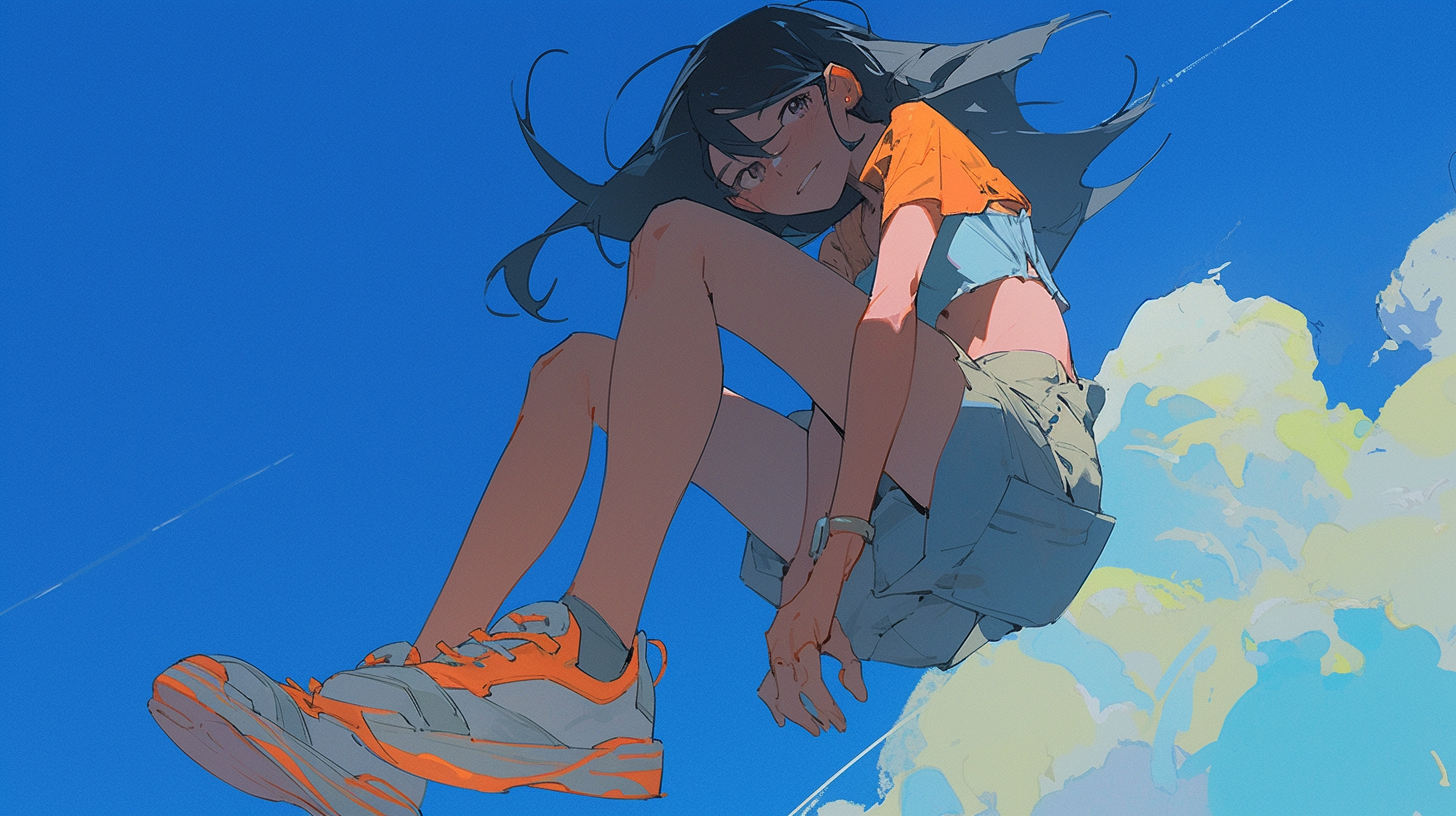 Sad-faced girl wearing fashionable shoes on a blue sky background