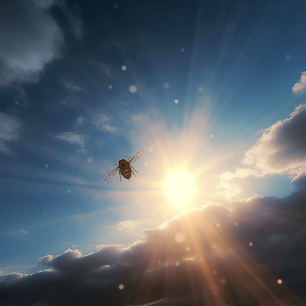 Blue sky with clouds and sunlight breaking through, featuring a bee