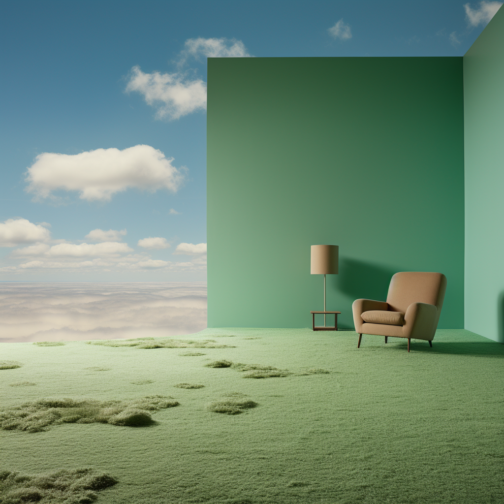 Blue sky wallpaper room with green carpet