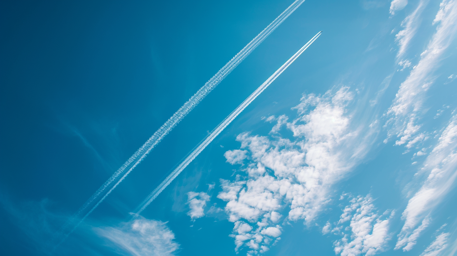 Blue sky with white clouds and airliner trail