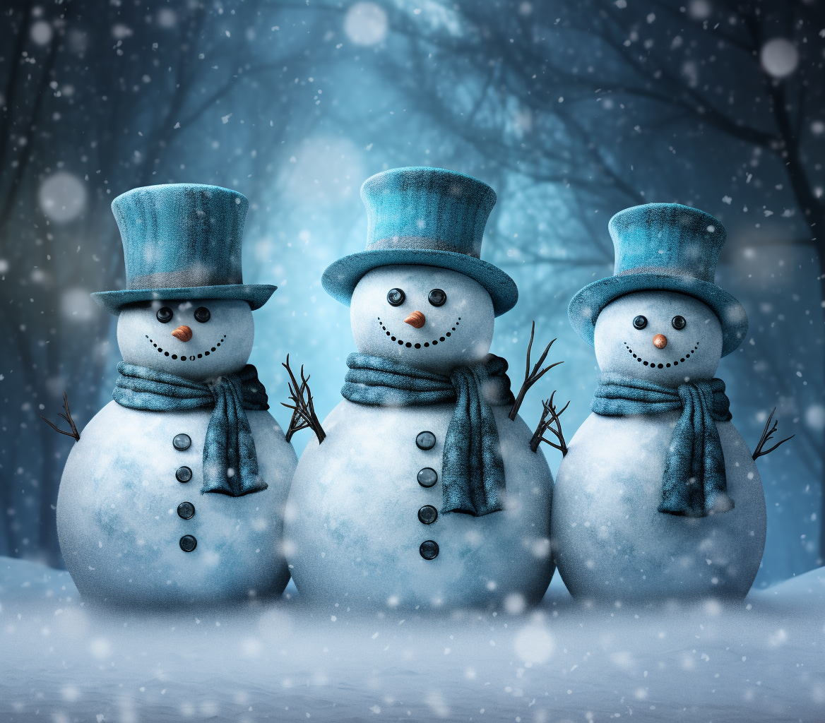 Three Blue Snowmen in a Mesmerizing Scene