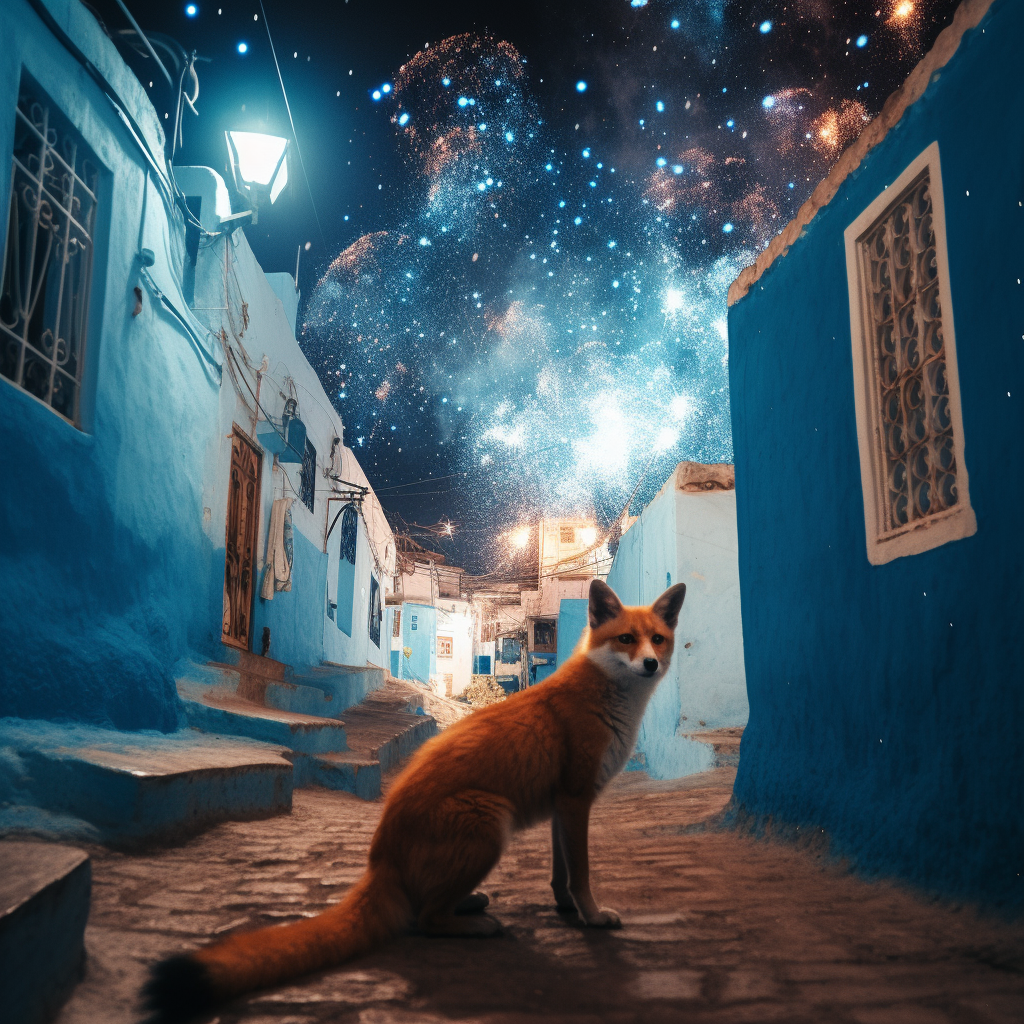 Hyperrealistic fox in blue streets of Chefchaouen