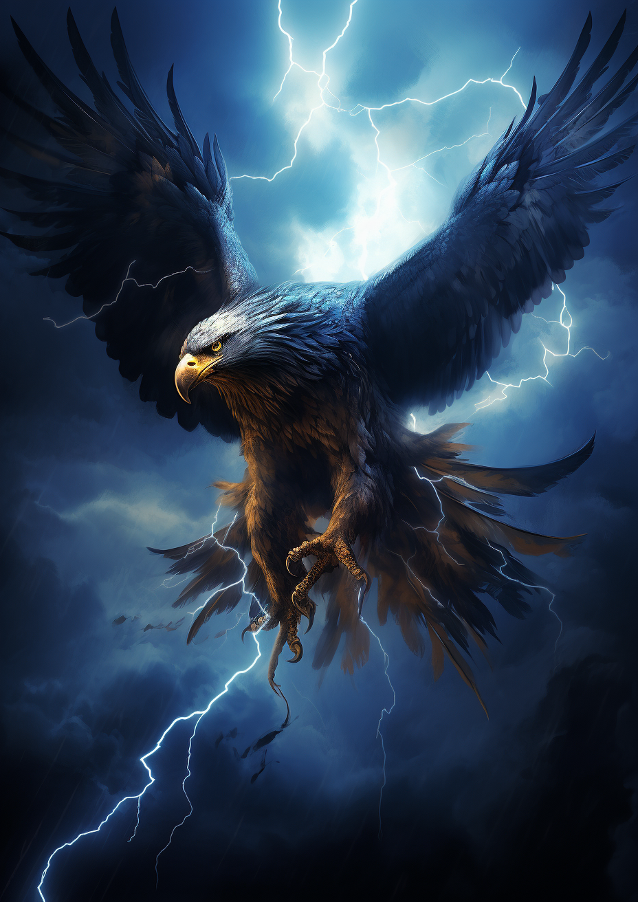 Majestic blue thunder eagle in stormy sky