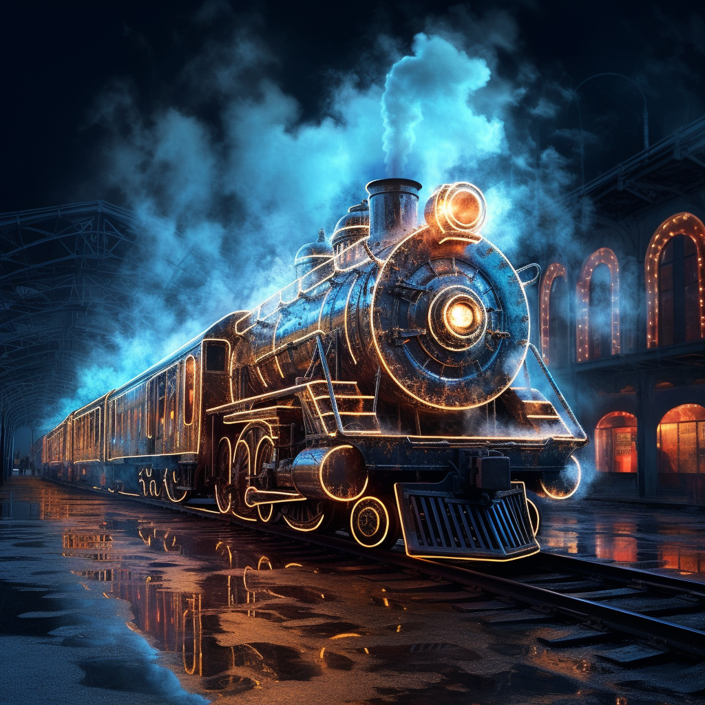 Blue train lighting up with typography