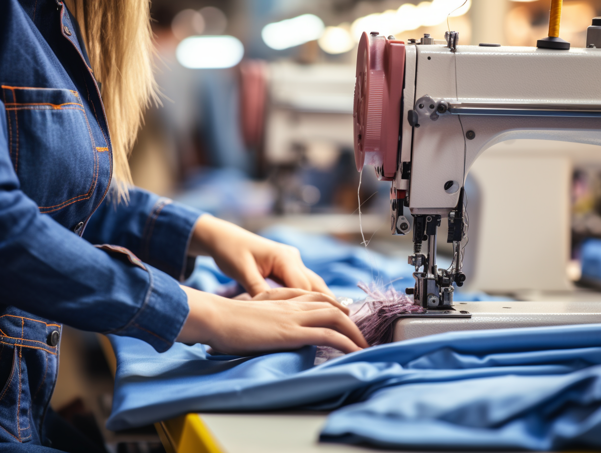 Professional sewing machine operator assembling blue trousers