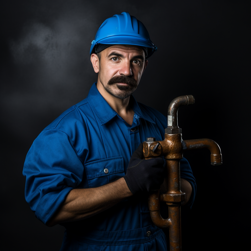 Blue uniform Spanish plumber with wrench