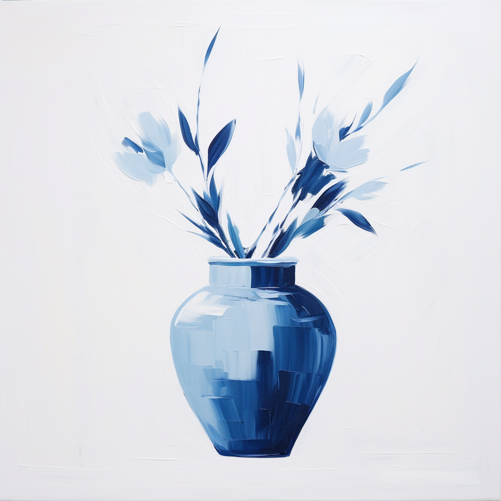 Acrylic painting of a blue vase on a white background