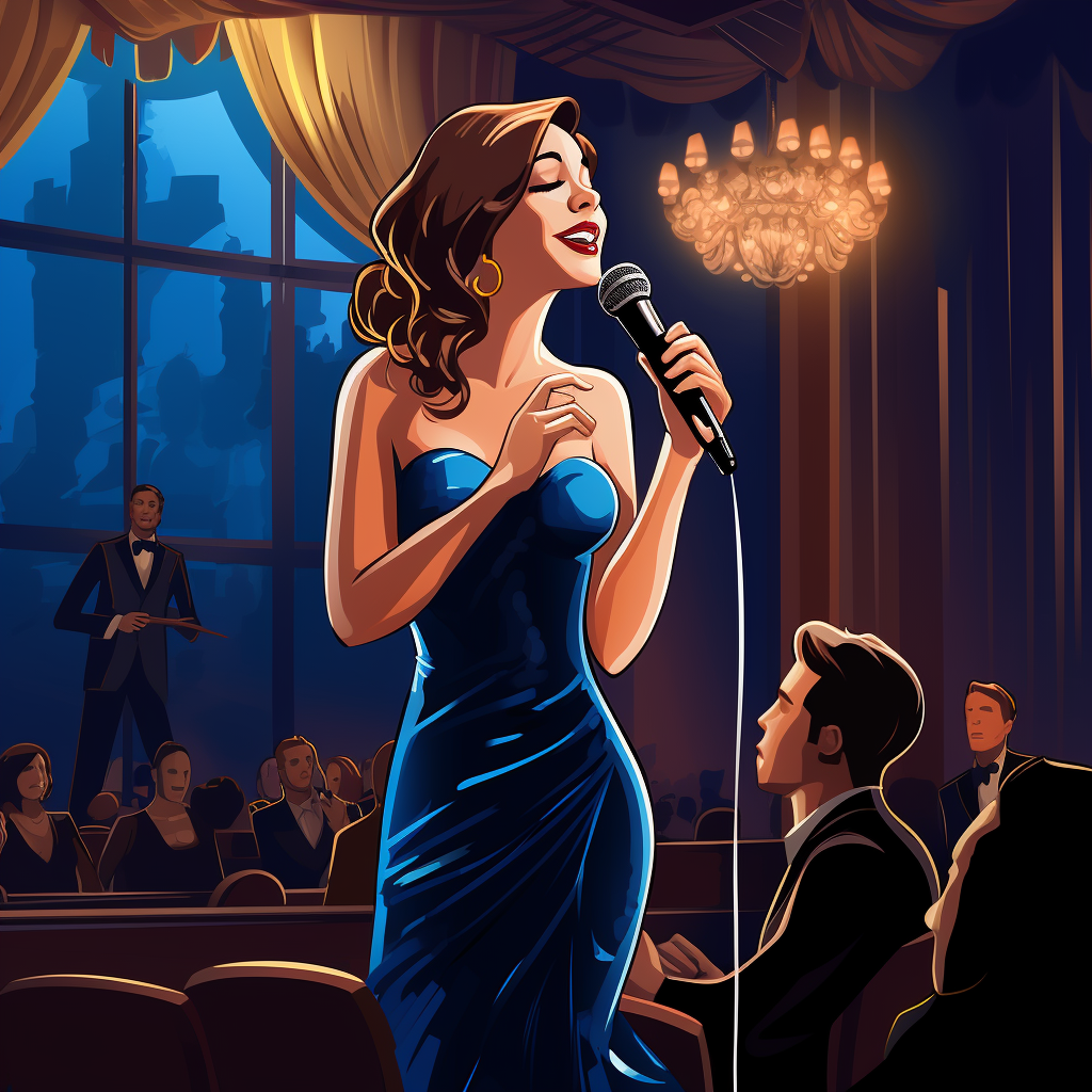 Woman in blue velvet dress singing