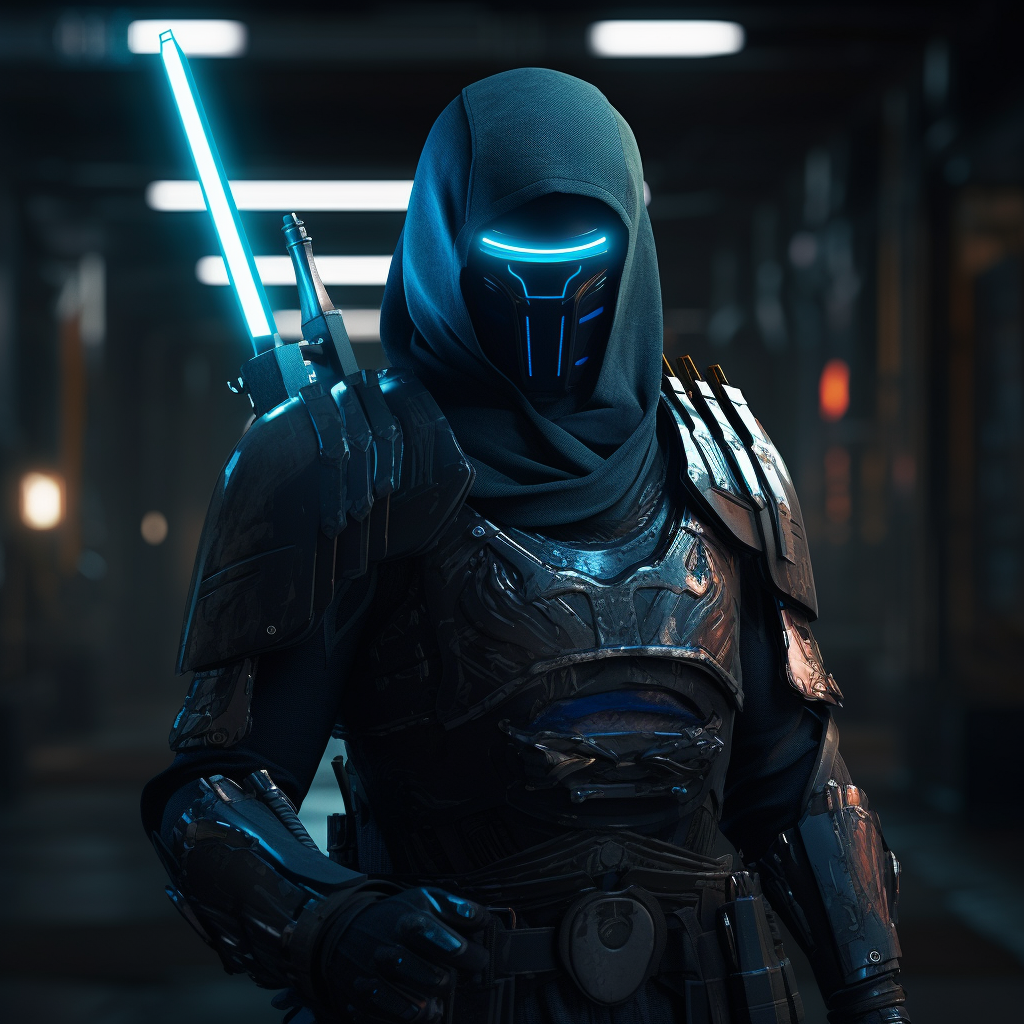 Cinematic blue vigilante with katanas