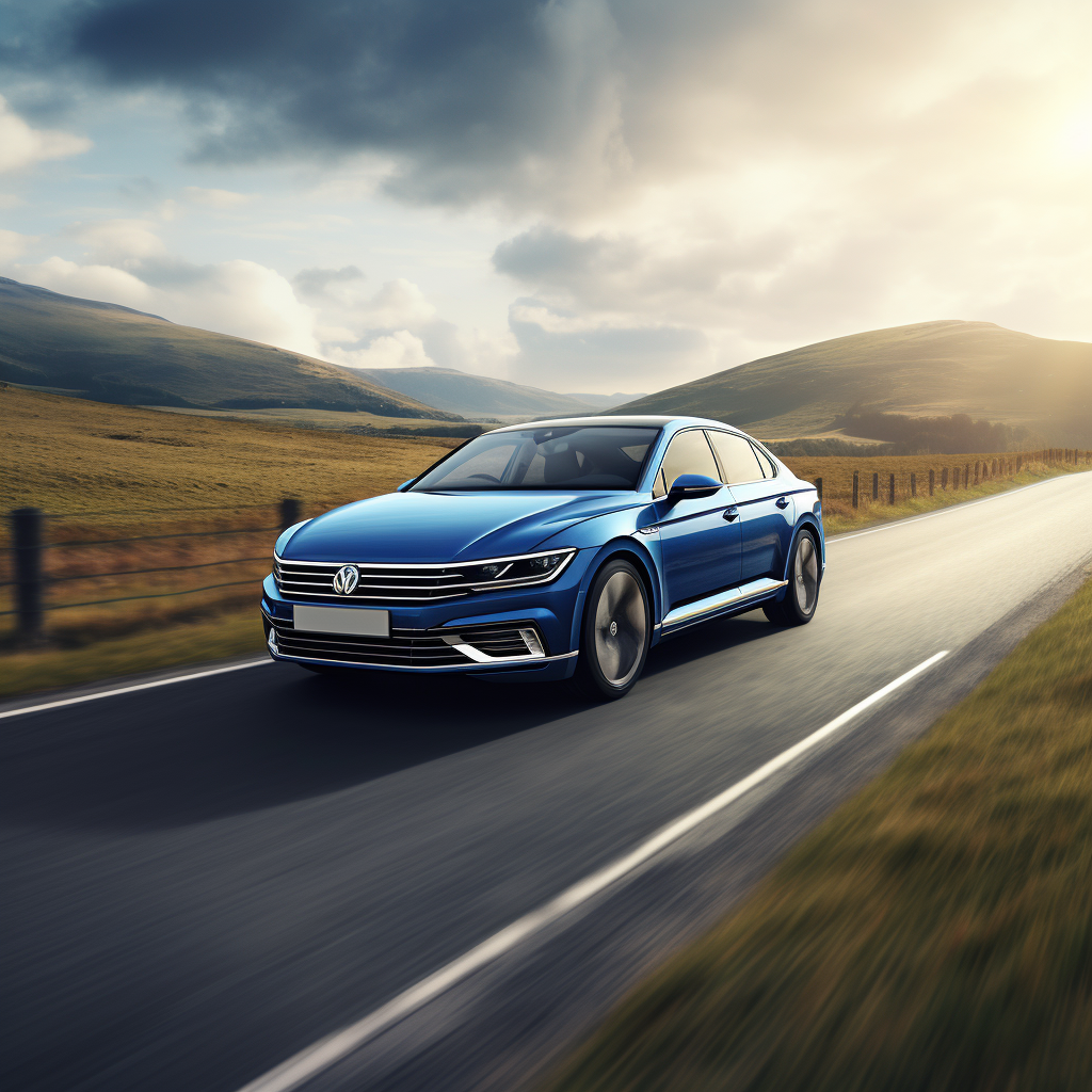 Blue Volkswagen Passat 2018 driving on UK countryside road