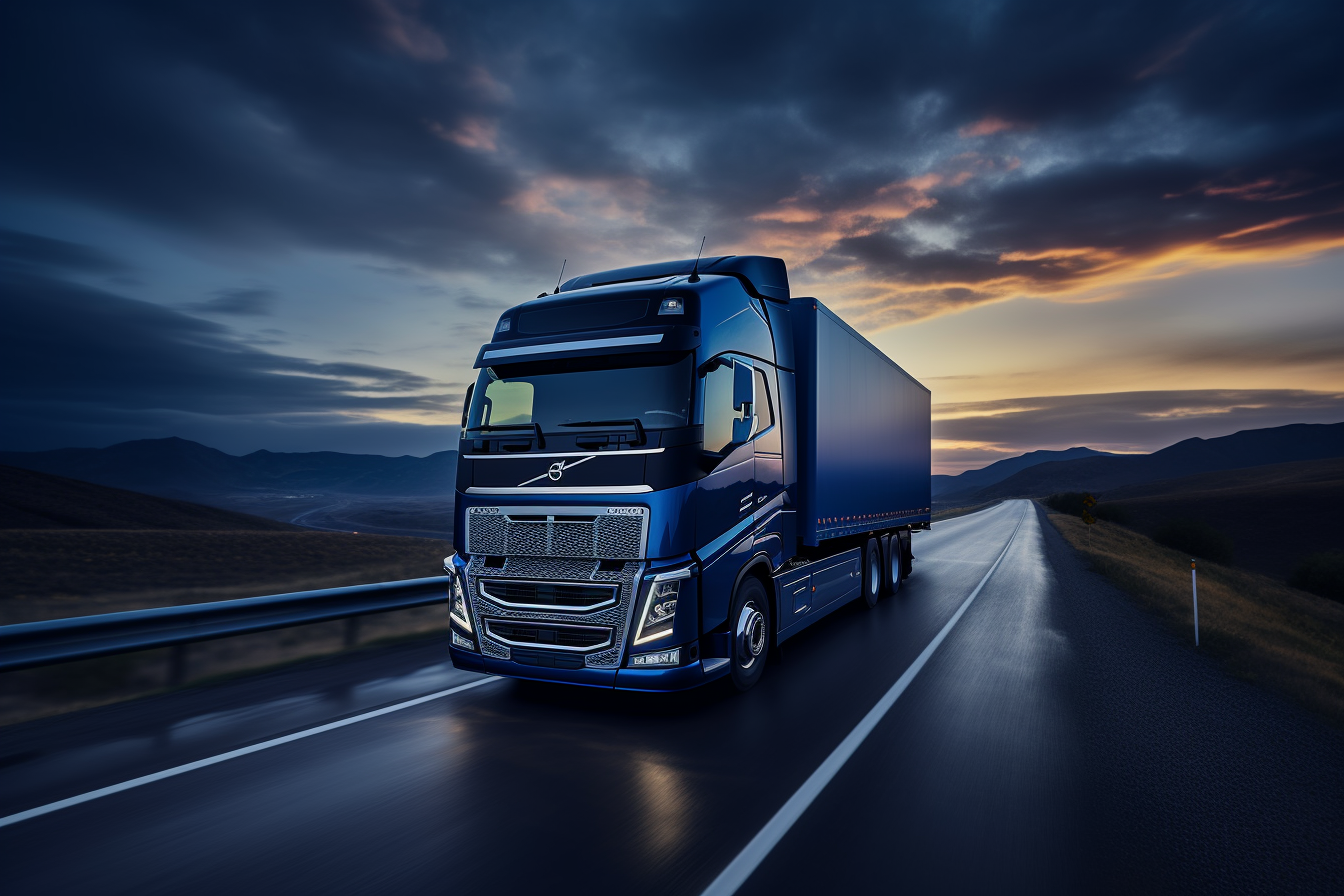 Cinematic blue Volvo transport truck on a sunset road