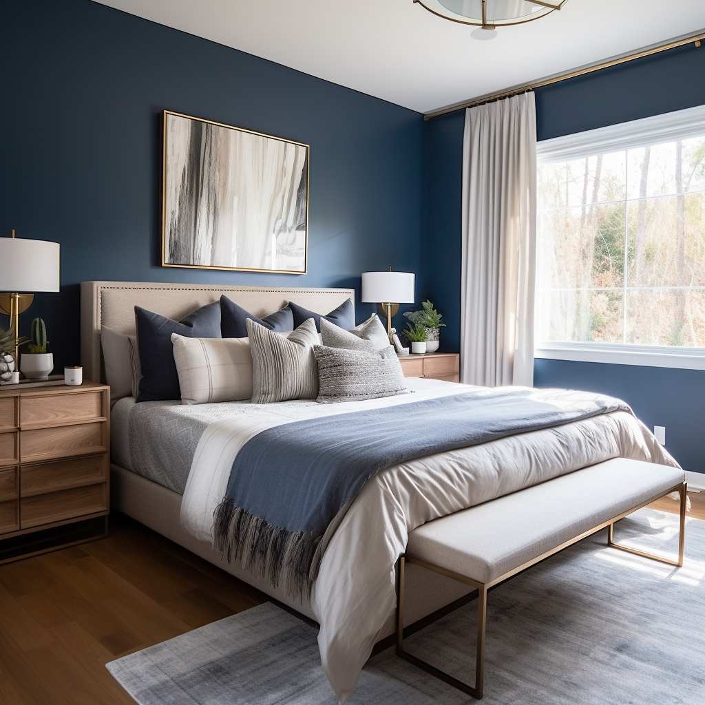 Transitional bedroom with blue walls