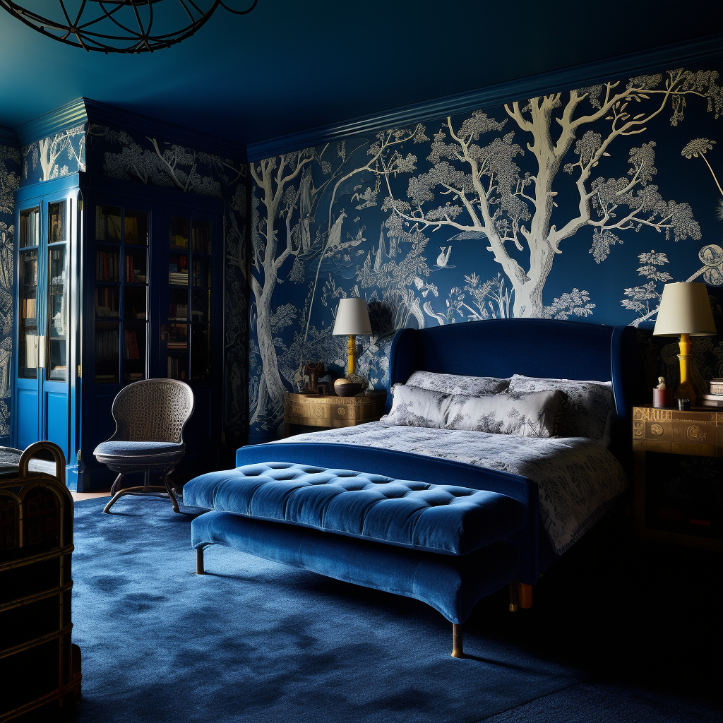 Cozy room with blue wallpaper