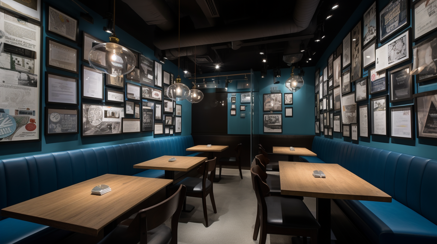 LinkedIn-style restaurant with blue walls and documents