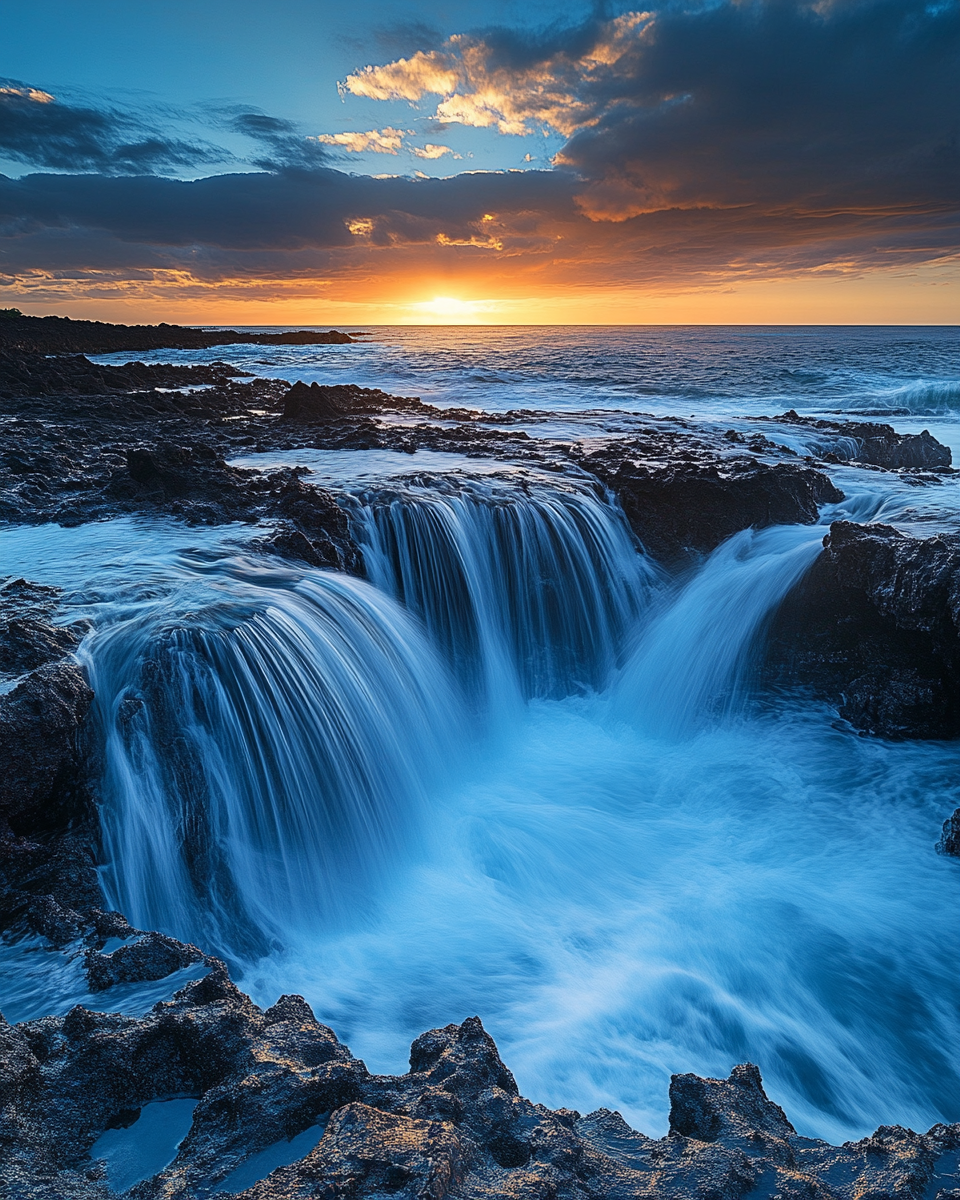 Blue Waterfall in Ocean at Sunset