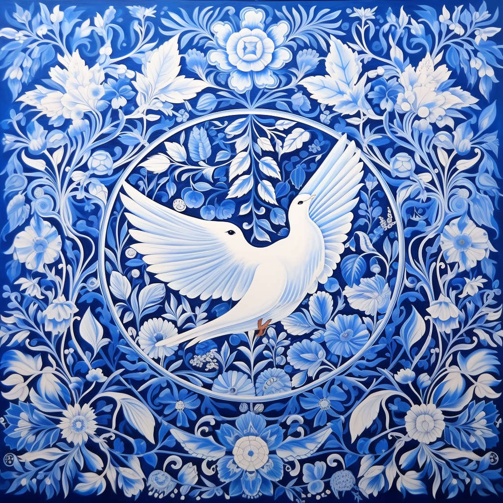 Blue and white art representing freedom, peace, victory