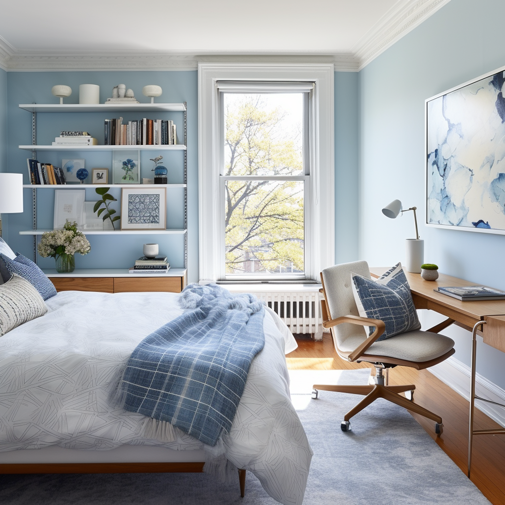 Blue White Bedroom with Chair and Study Table