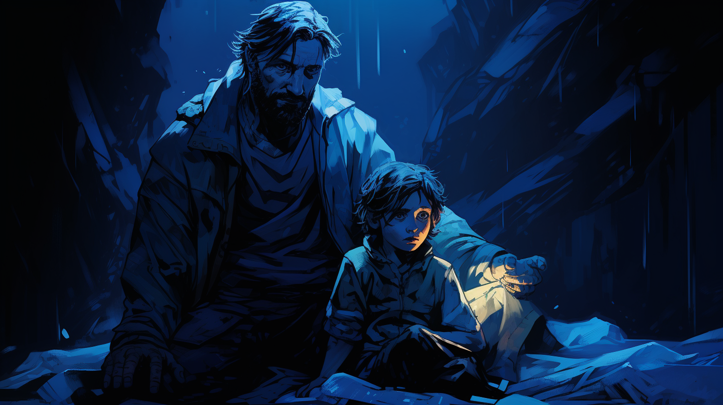 Cyberpunk father and son in dark cave with flashlight