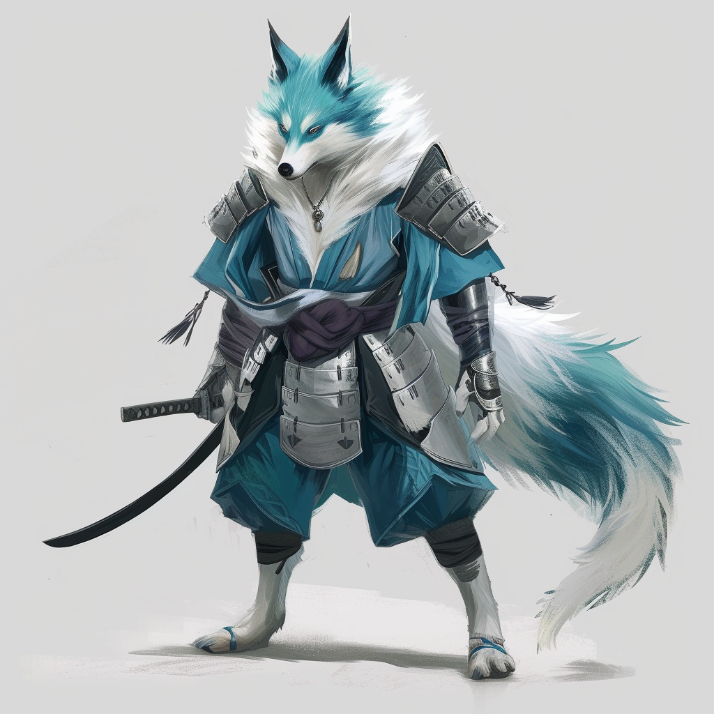 Blue and white furry wolf in samurai armor