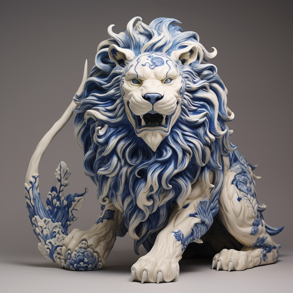 Blue and white lion amidst fire and wreckage