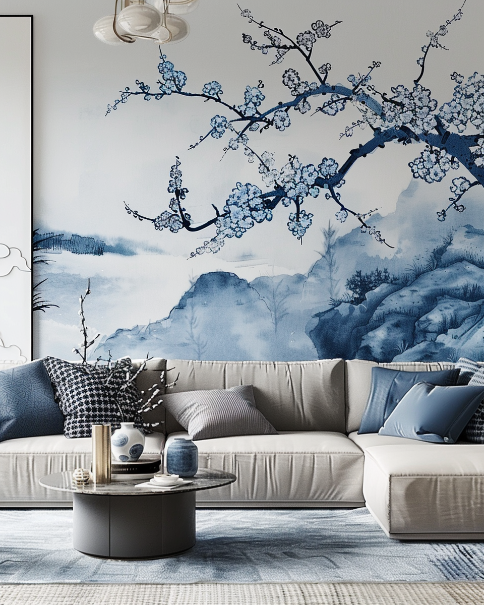 Living room with blue white murals