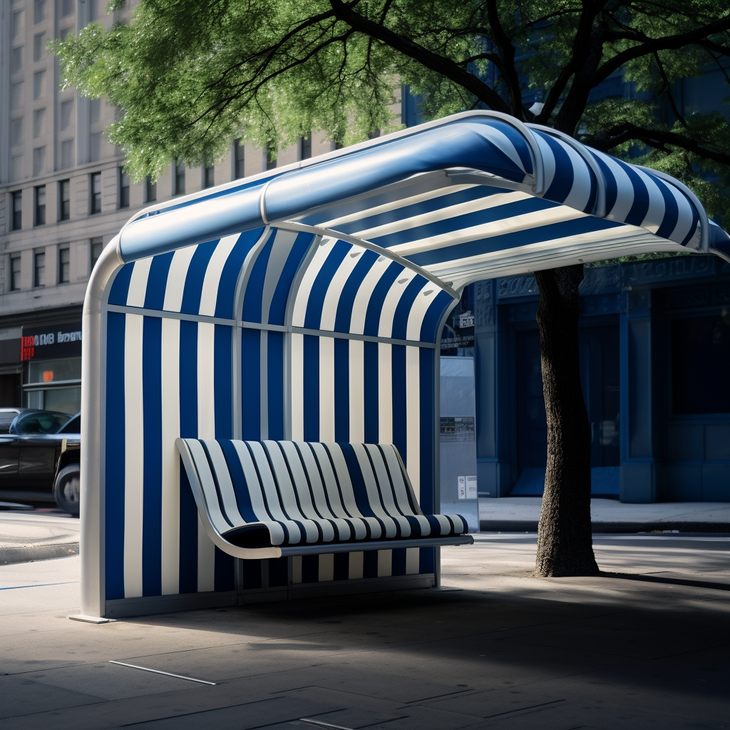 Stylish bus shelter with blue and white striped umbrella roof