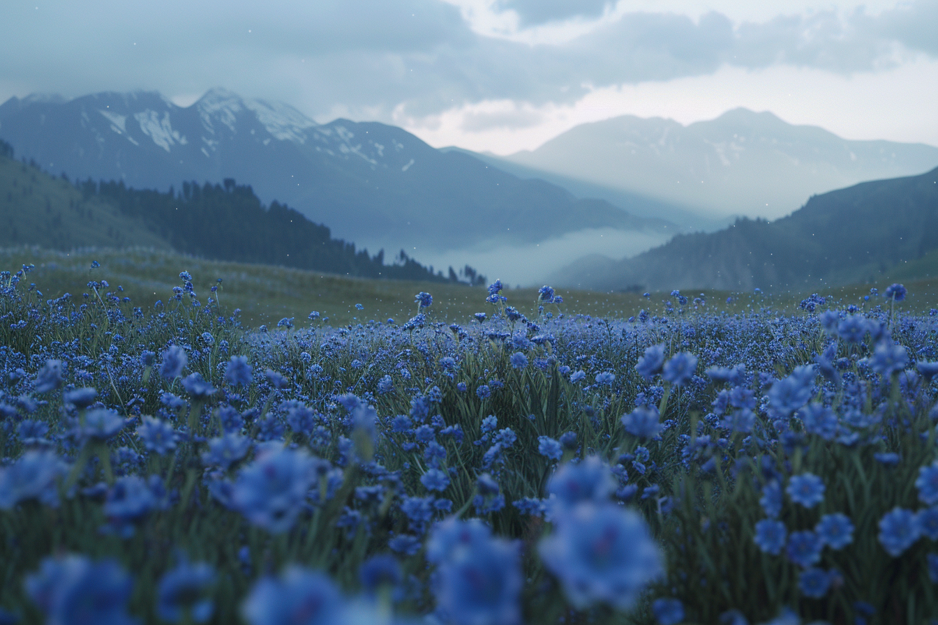 Blue wildflowers in Kashmir at dusk