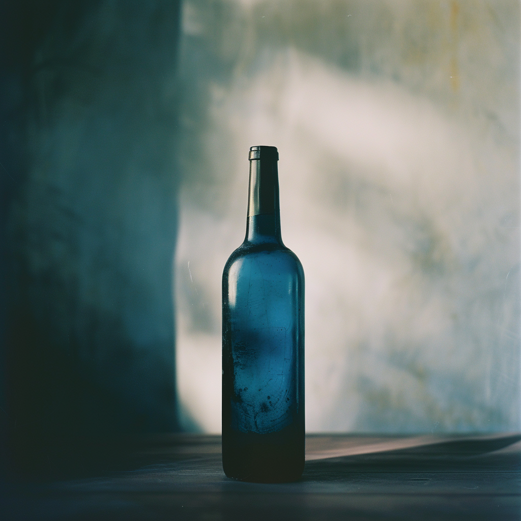 Blue wine bottle on calming background