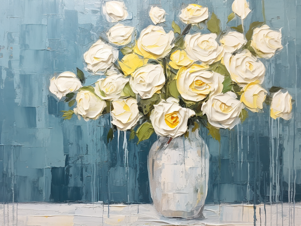 Beautiful white roses on blue wooden wall