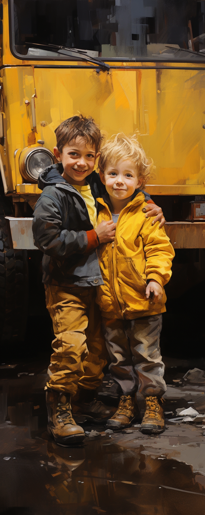 Man in blue work robe and boy with yellow truck