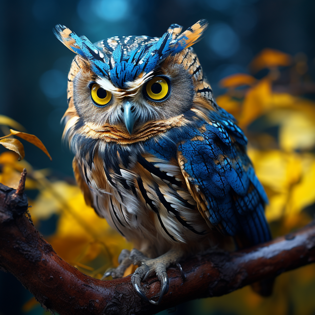 Beautiful photorealistic blue and yellow owl in nature