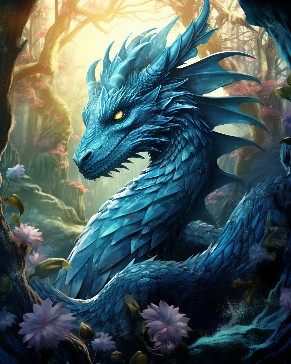 Blue Young Dragon in Magic Forest