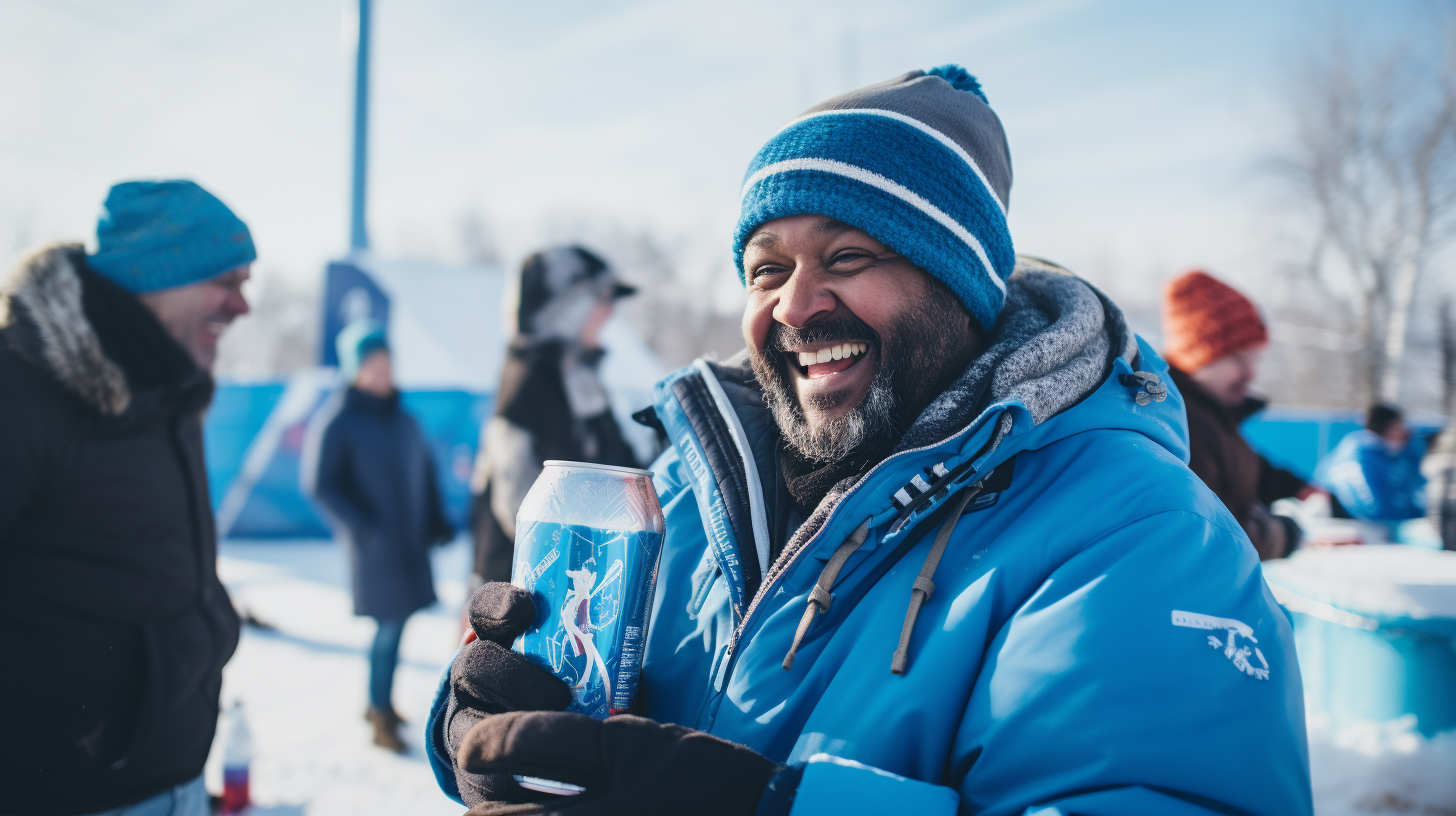 Man enjoying blue cola at tailgate party