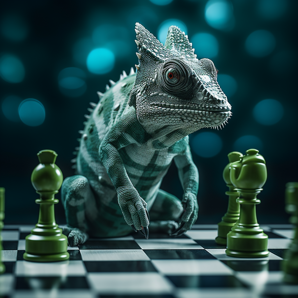 Blue and green chameleon on chess board