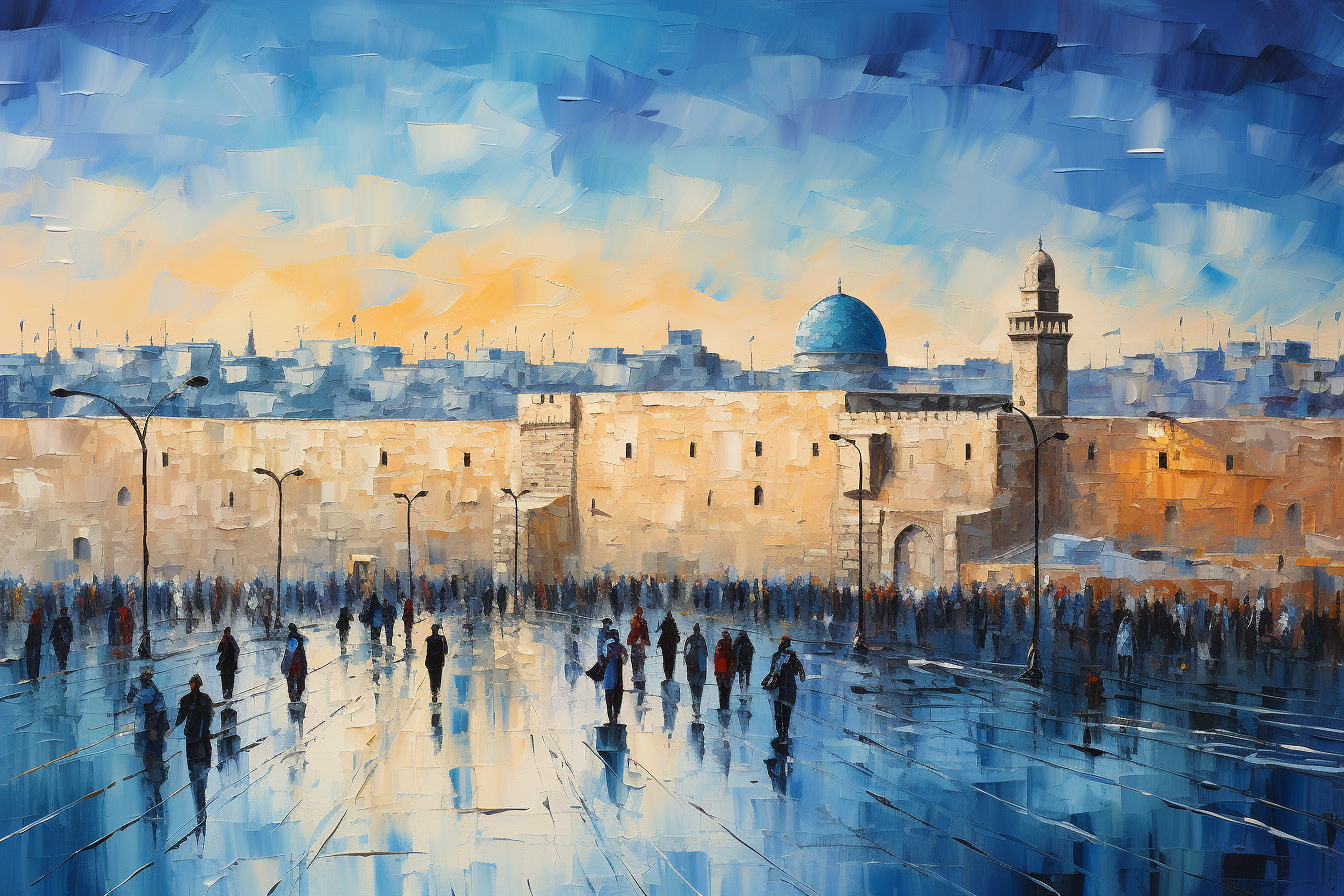 Vibrant blue-hued painting of Western Wall in Jerusalem