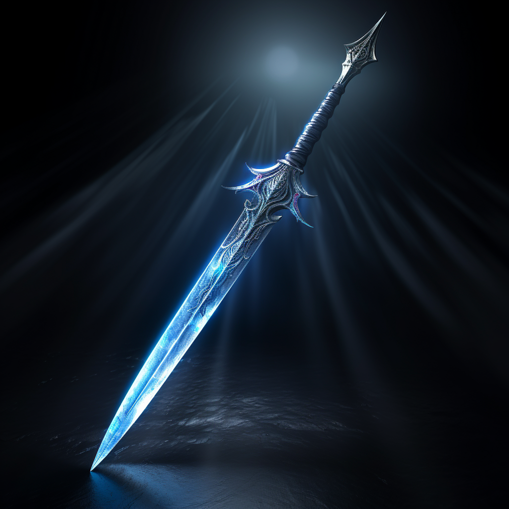 Pointed sword emitting blue light