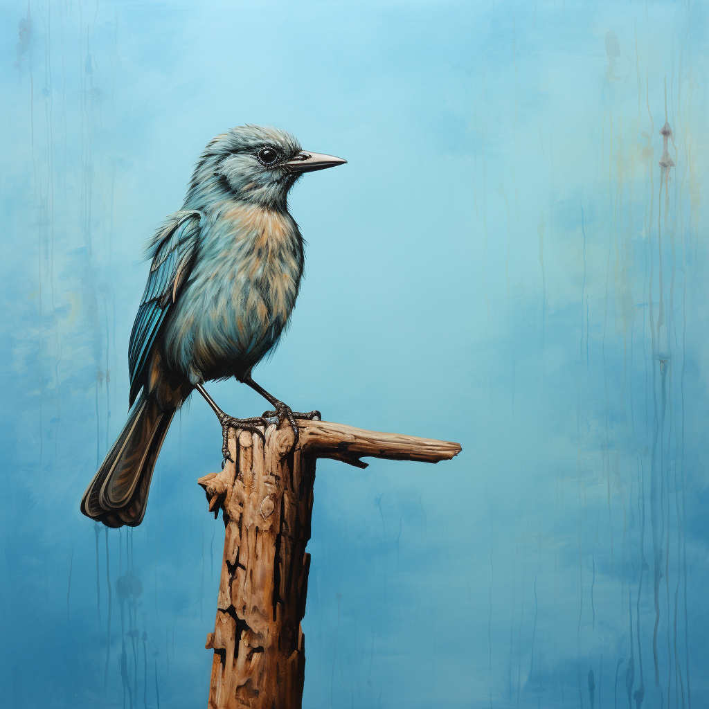 Bird sitting on wood stick by blue ocean