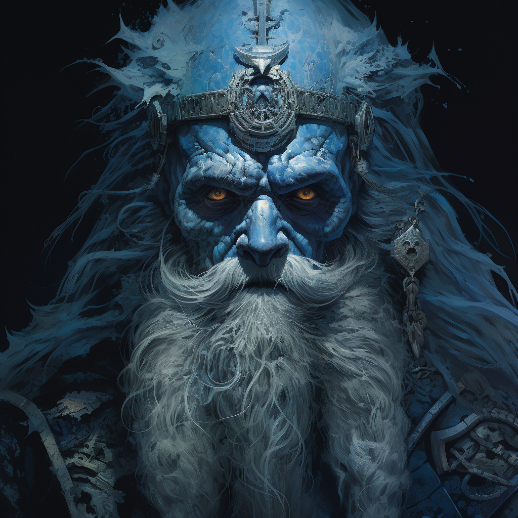 Blue-skinned gnome with black beard in D&D fantasy