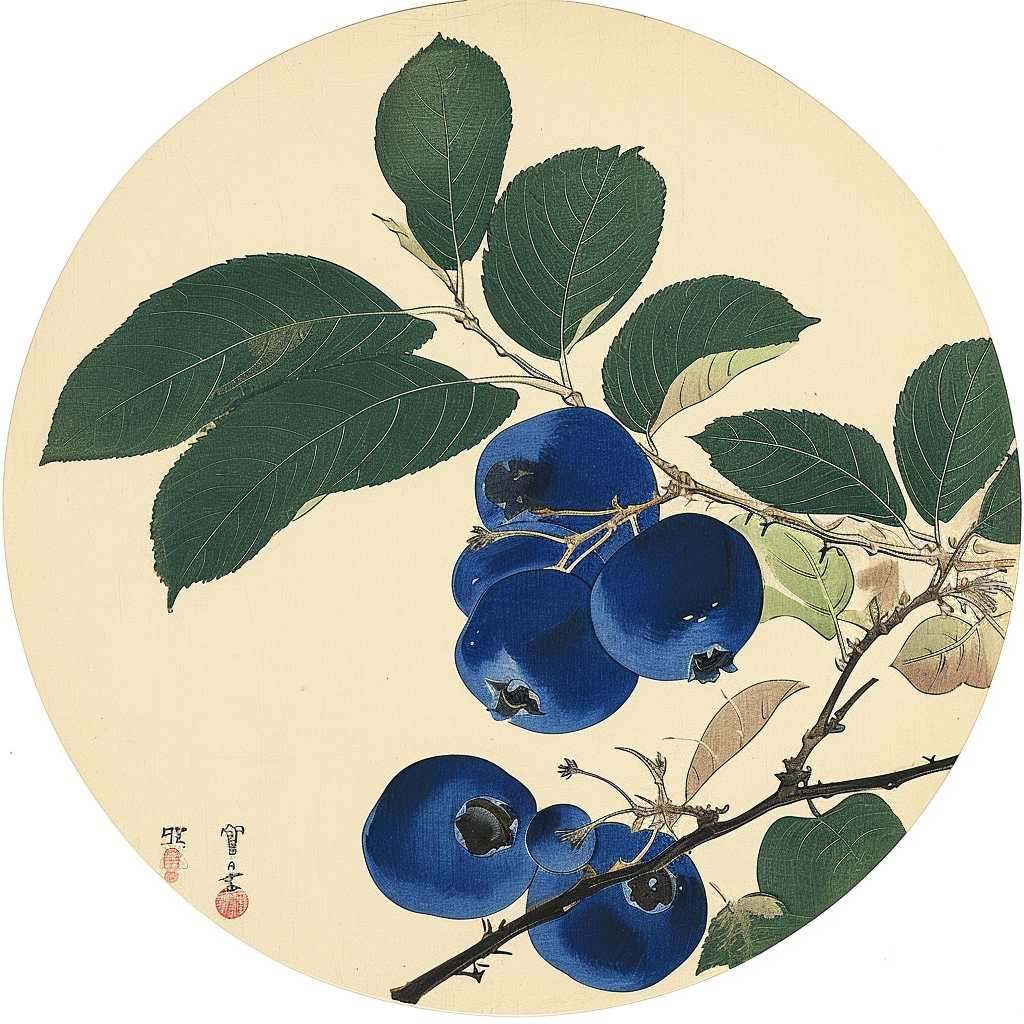 Colorful blueberry circular ukiyo-e painting