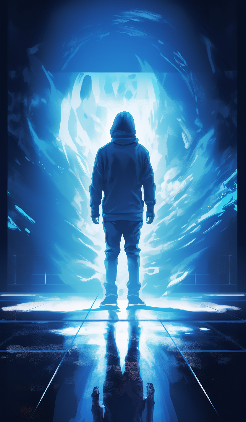 Hooded man teleporting with a blueish glow