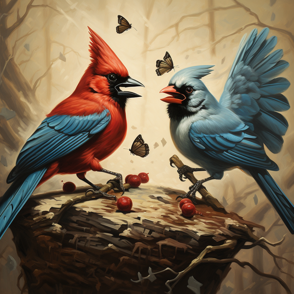 Bluejay and cardinal fiercely fighting over cheese.